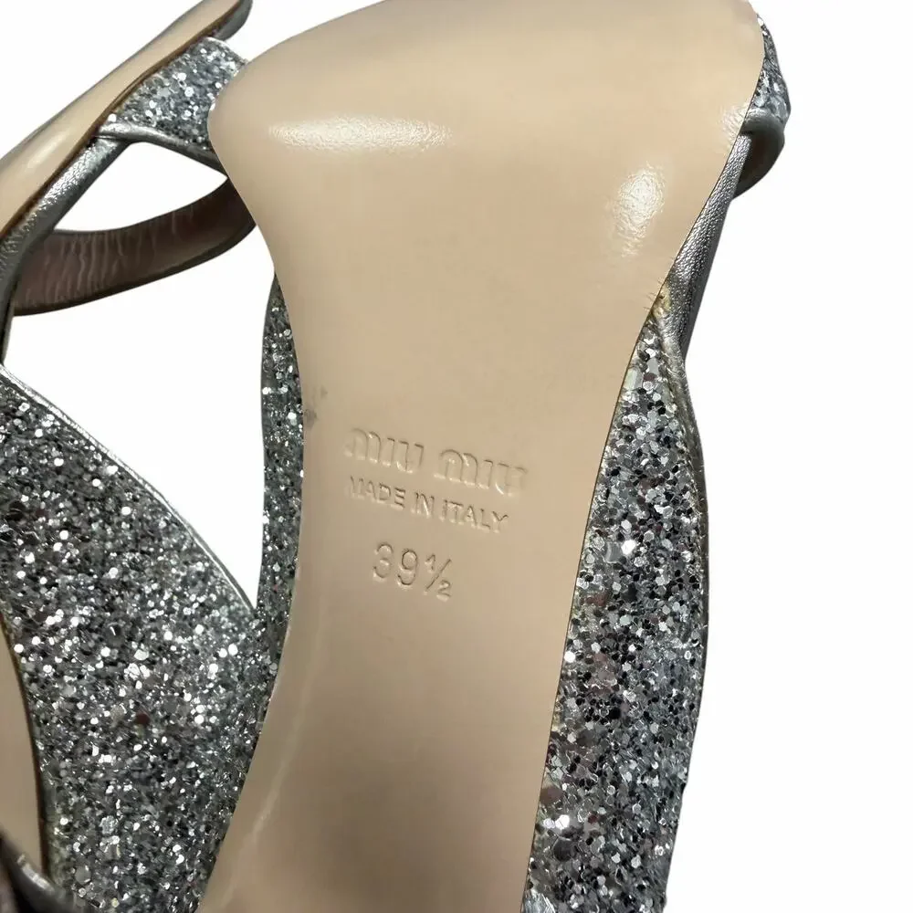 Miu Miu Swarovski Crystal Embellished Glitter Leather Sandals Size 39.5 / US 9.5 - Picture 13 of 15